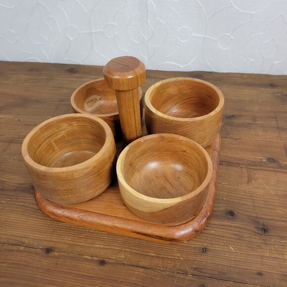 Wooden Caddy 4pcs Bowl with Serving Tray Set Brown Condiment Holder Light Weight - Picture 1 of 9